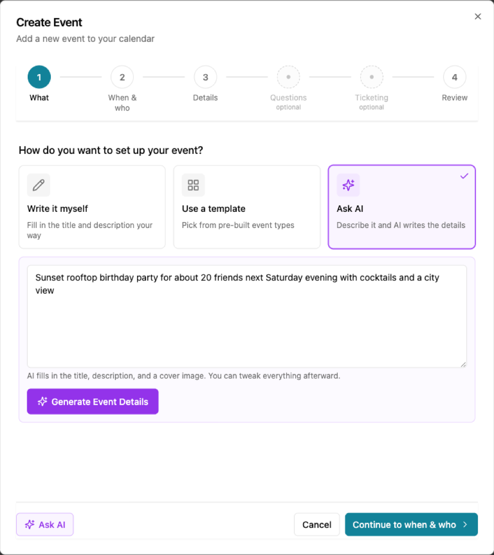 The MyOwnEvents AI assistant drafting an event from a short prompt