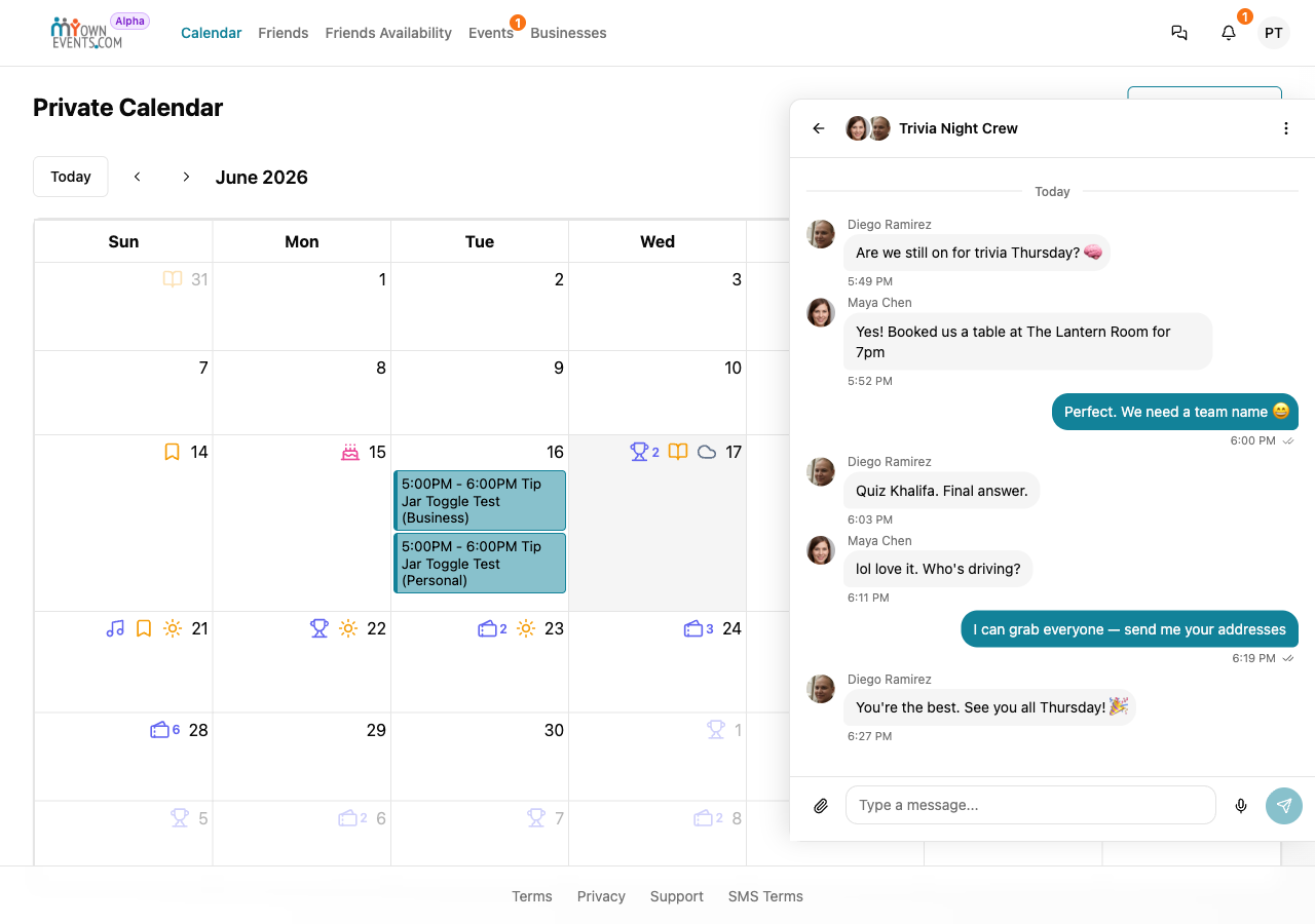 A group conversation in the MyOwnEvents chat panel with messages and reactions