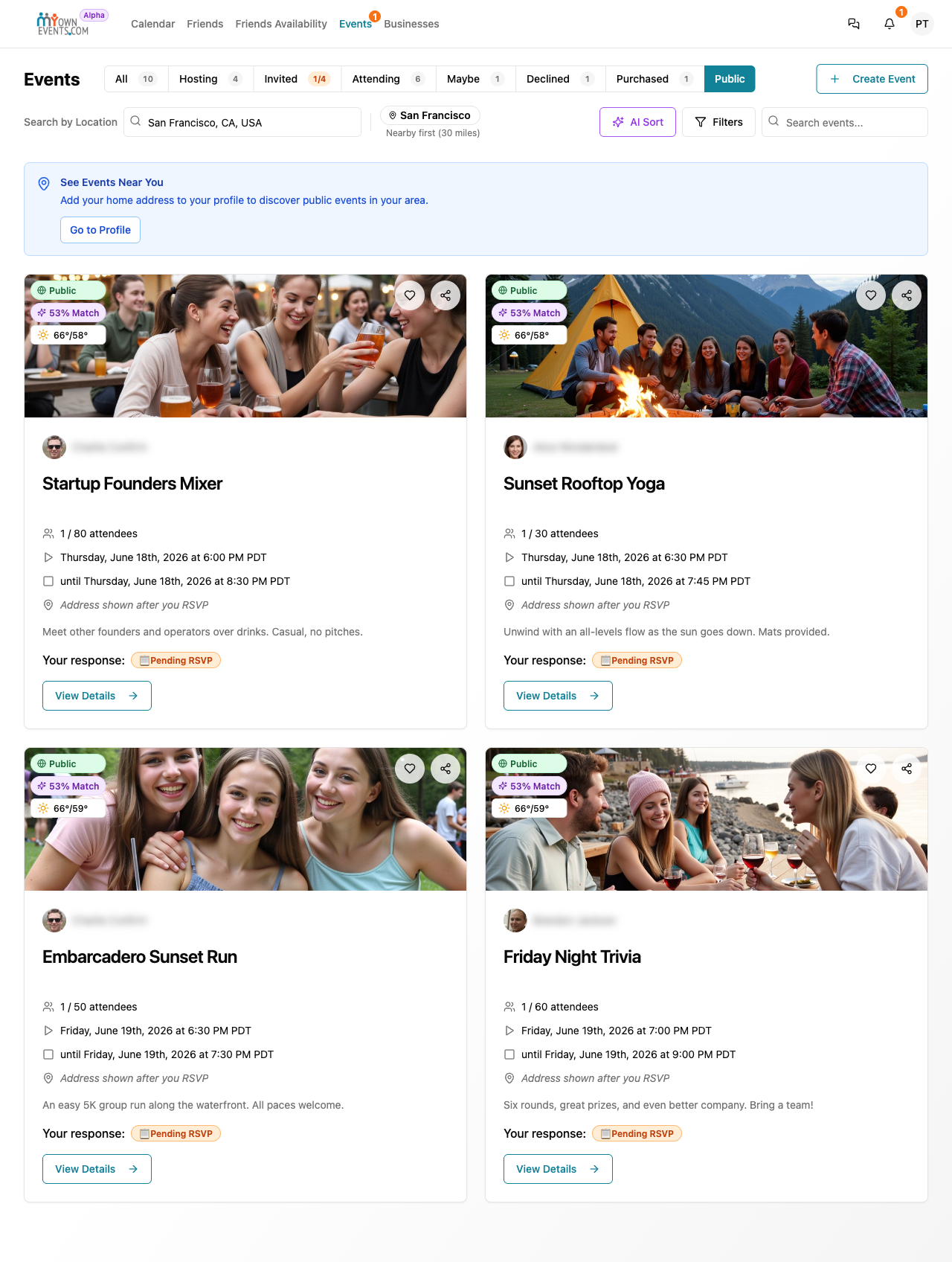 The Events page Public tab showing public events with photos, dates, and RSVP