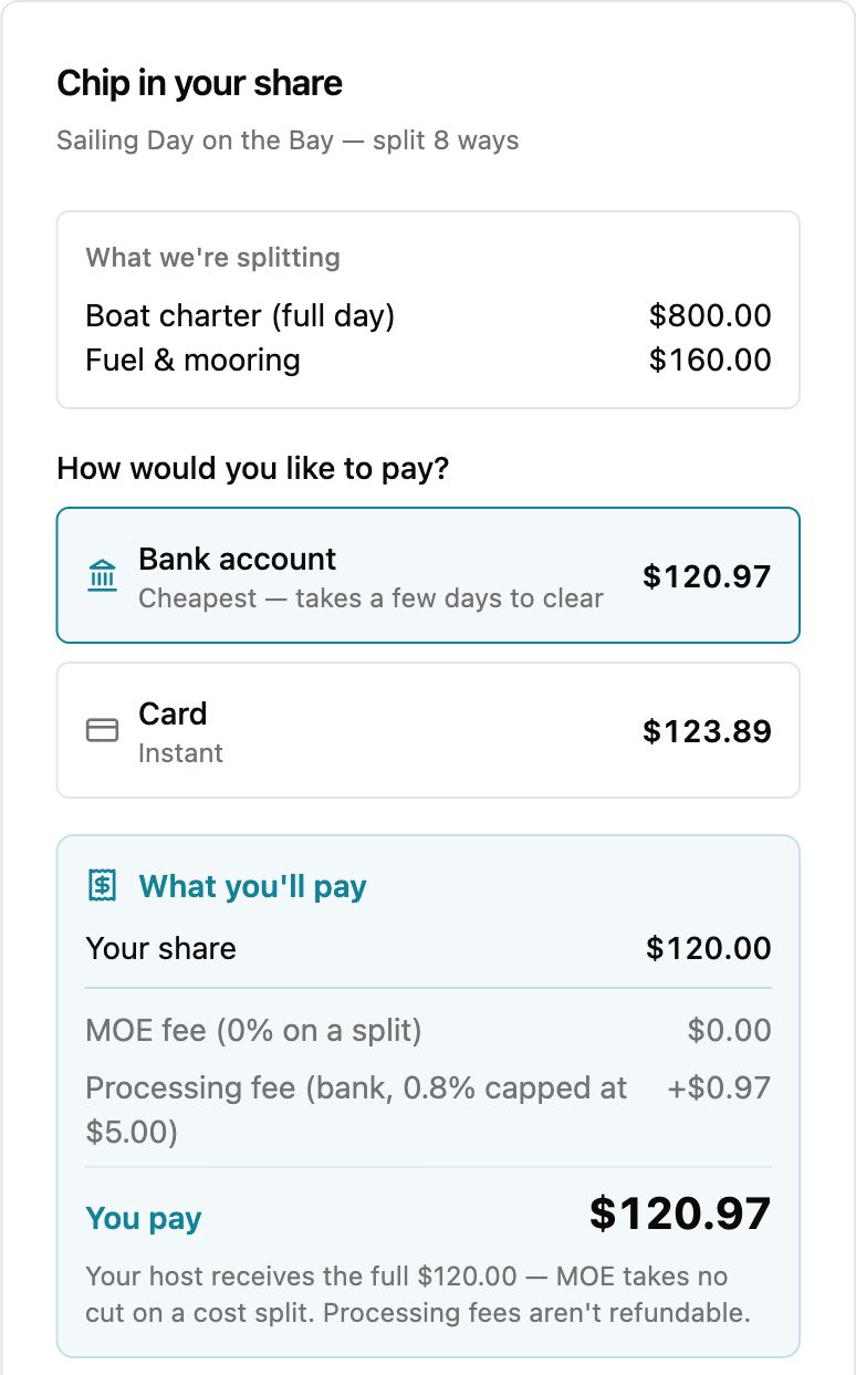 A guest’s share of a split event, showing the amount, a bank or card choice, and a MyOwnEvents fee of $0.00