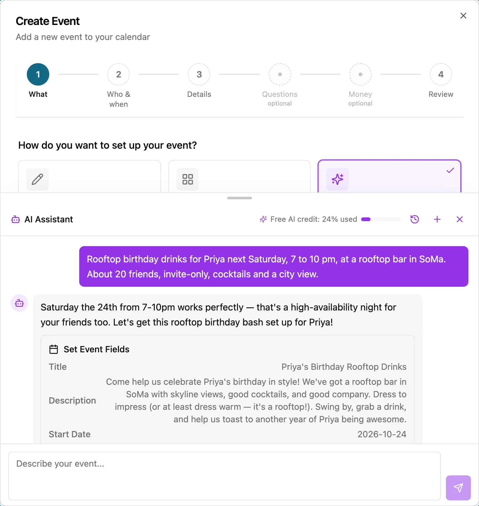 The MyOwnEvents AI assistant drafting a rooftop birthday party from a one-line description