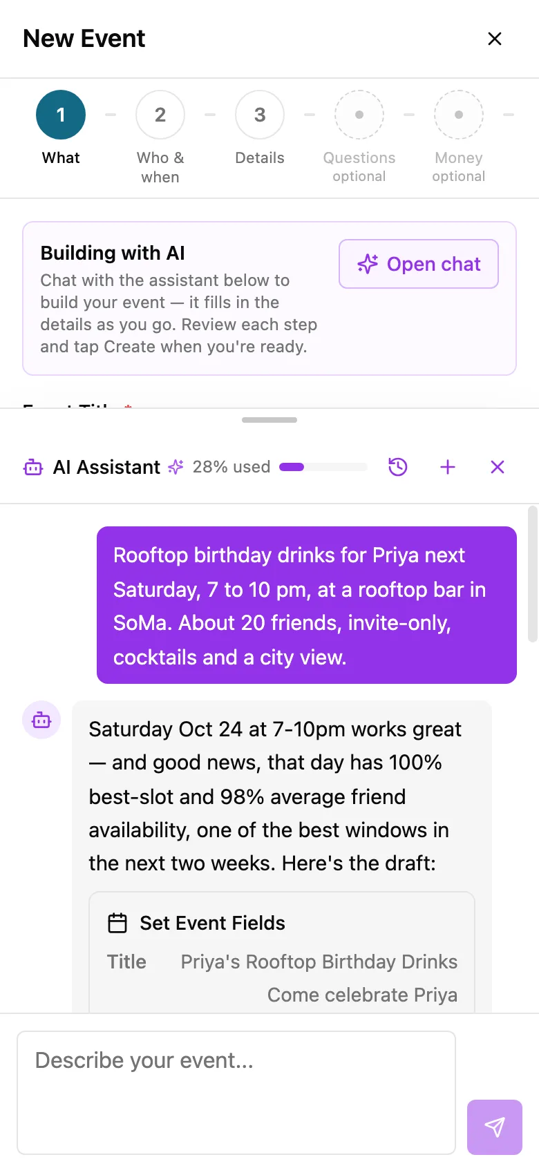 The AI assistant drafting a rooftop birthday from one sentence