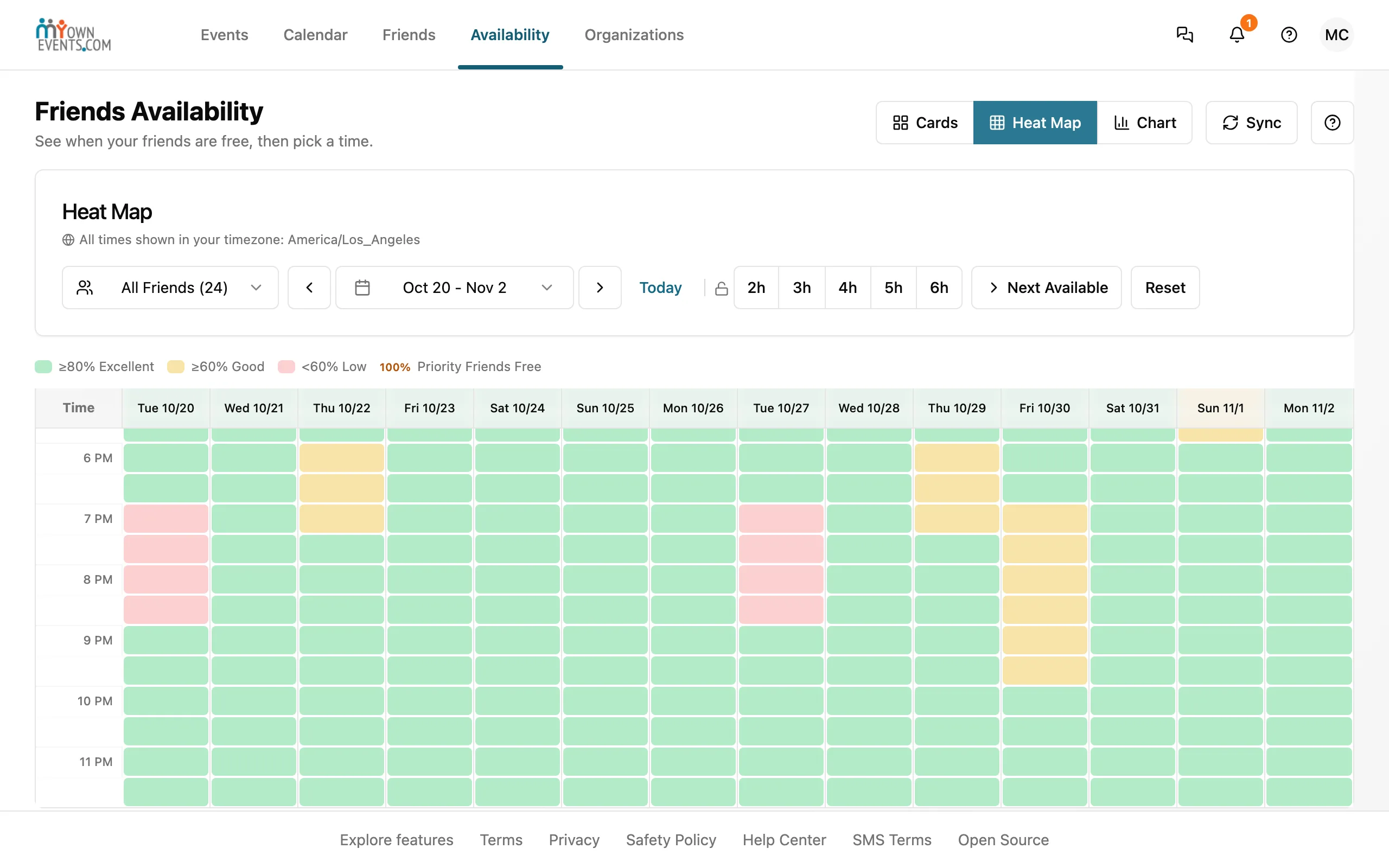 A heat map of the week built from friends' connected calendars: free/busy only, never event titles