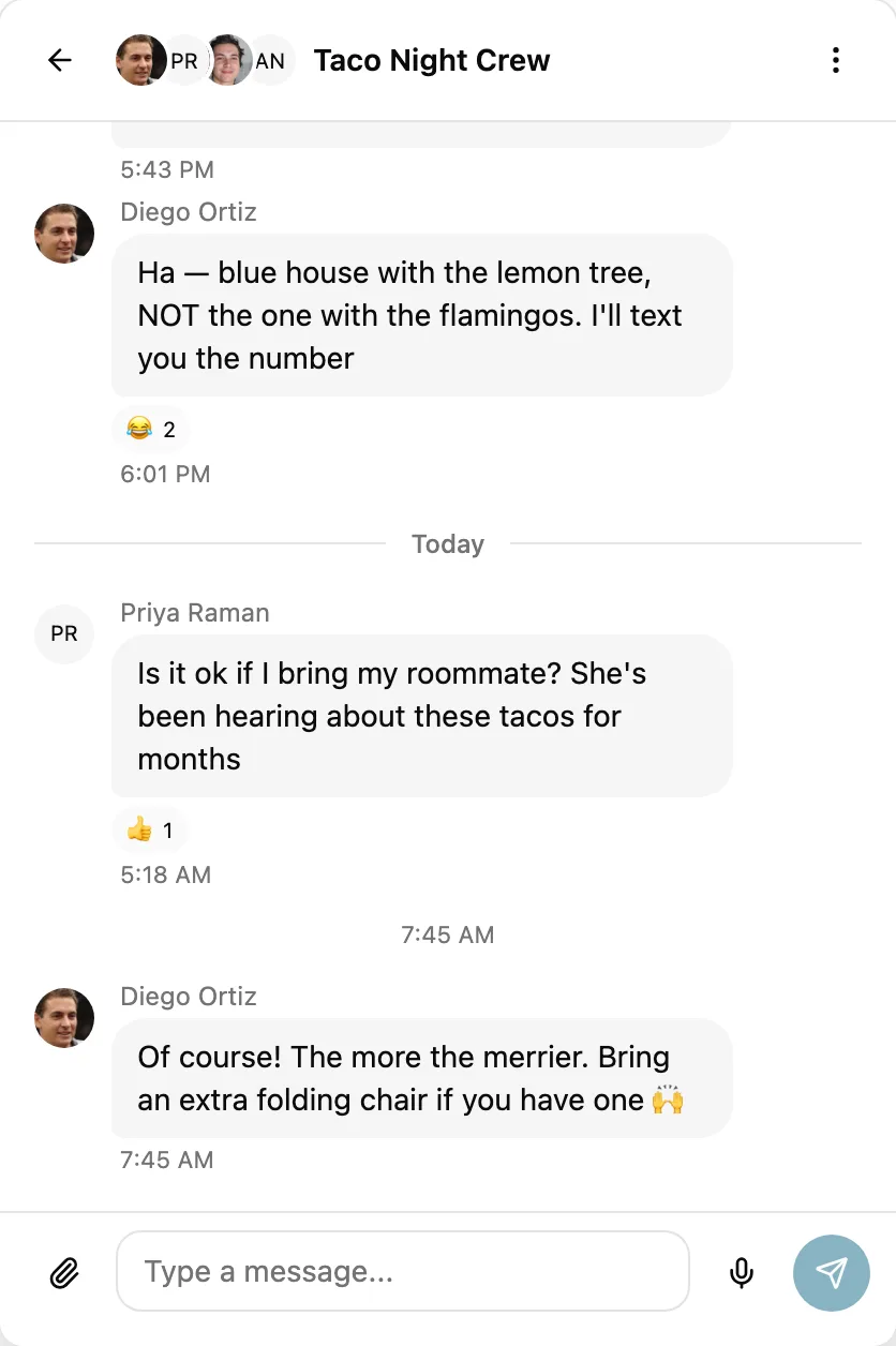 A group conversation in the MyOwnEvents chat panel with messages and reactions