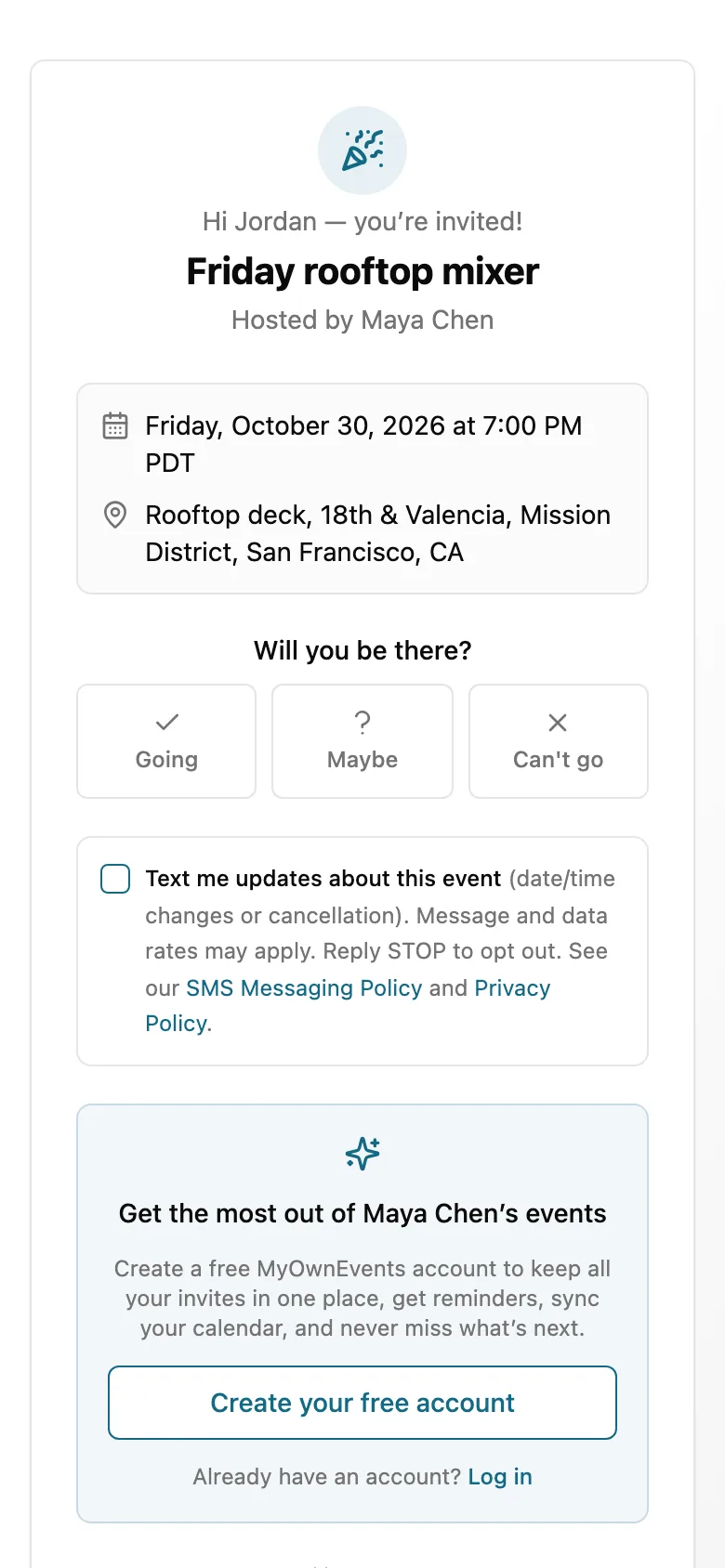A guest answering an invitation with no account