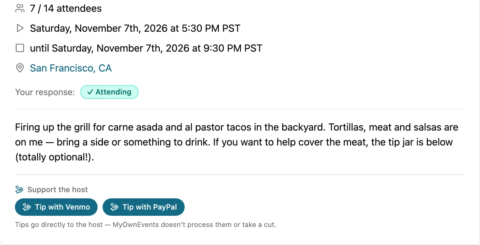 Free Venmo and PayPal tip buttons on an event, with a no-fee note